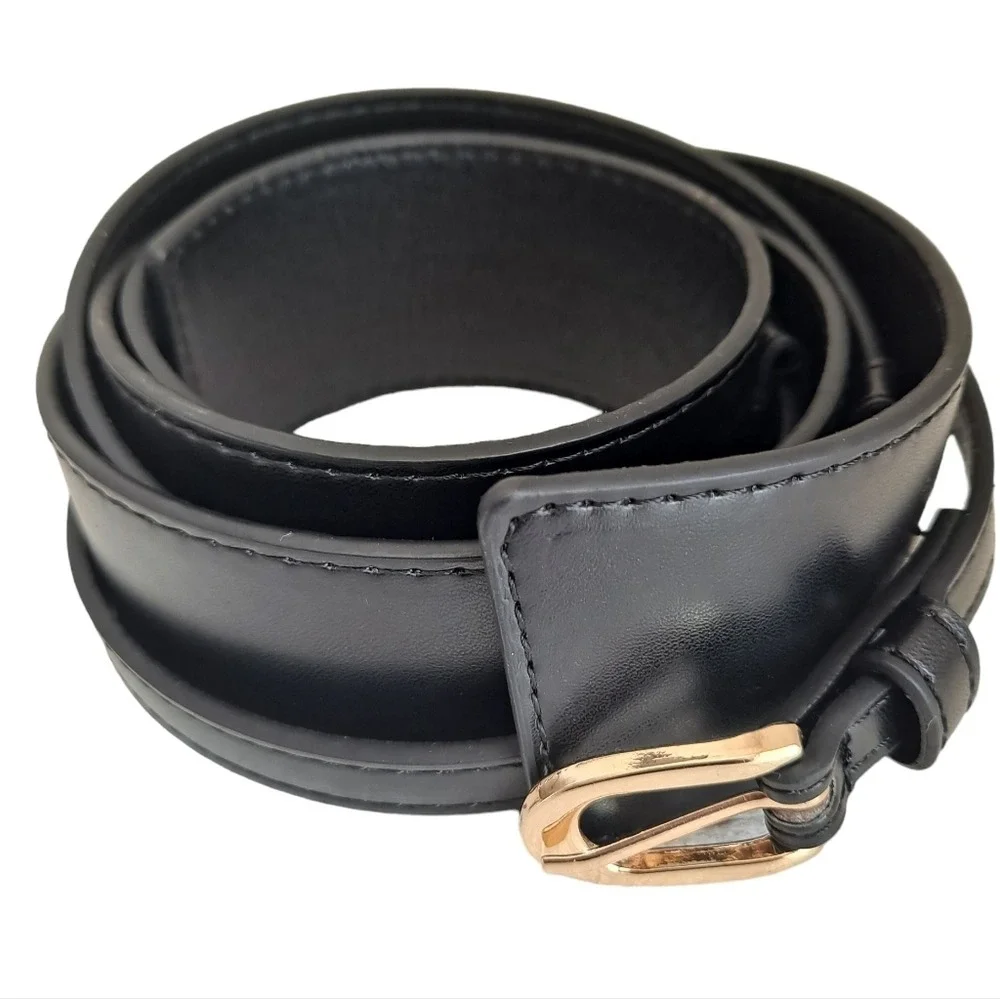 Skinny thick Black faux leather utility corset gold buckle dress wide waist belt